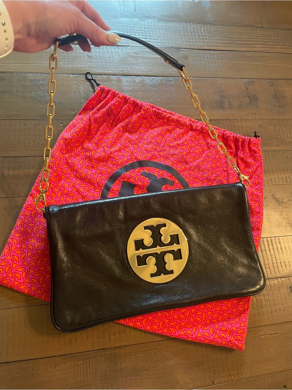 Like New Tory Burch Black Leather Clutch/Shoulder Bag with Gold Logo Accent